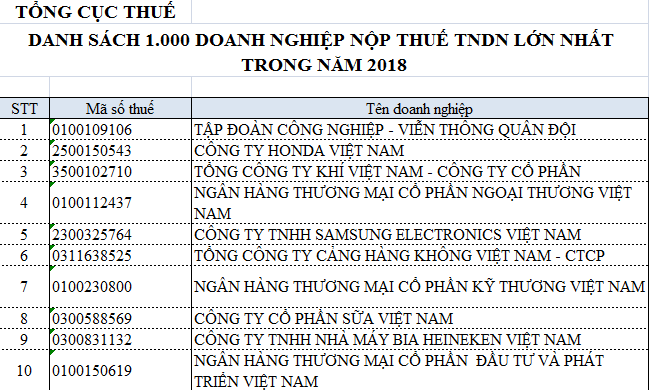 Tổng cục Thuế công khai 1.000 doanh nghiệp nộp thuế TNDN lớn nhất Việt Nam - Ảnh 1.