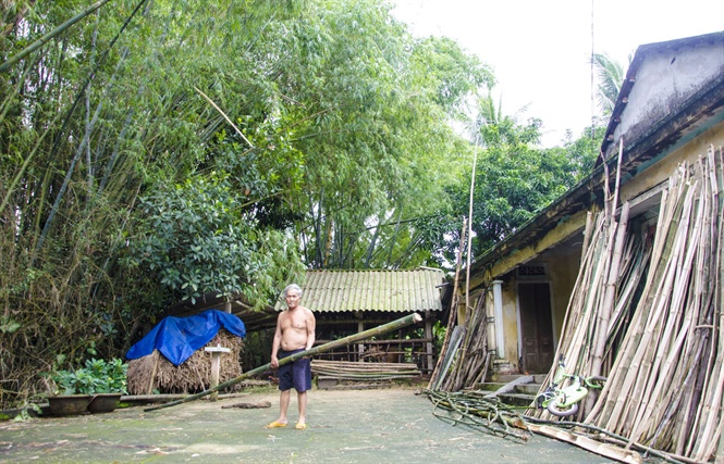 Lão nông Nguyễn Thùy Phương, 72 tuổi nhưng vẫn vót tre ra đồng.