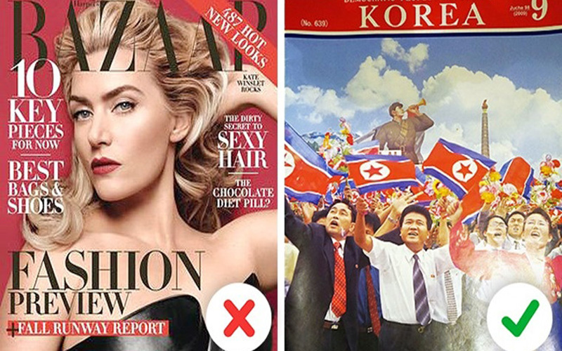  Triều Tiên cấm lưu hành các loại hình tạp chí của nước ngoài. Chính phủ nước này giám sát và kiểm duyệt rất chặt chẽ nội dung báo chí trong nước. Ảnh: BrightSide.