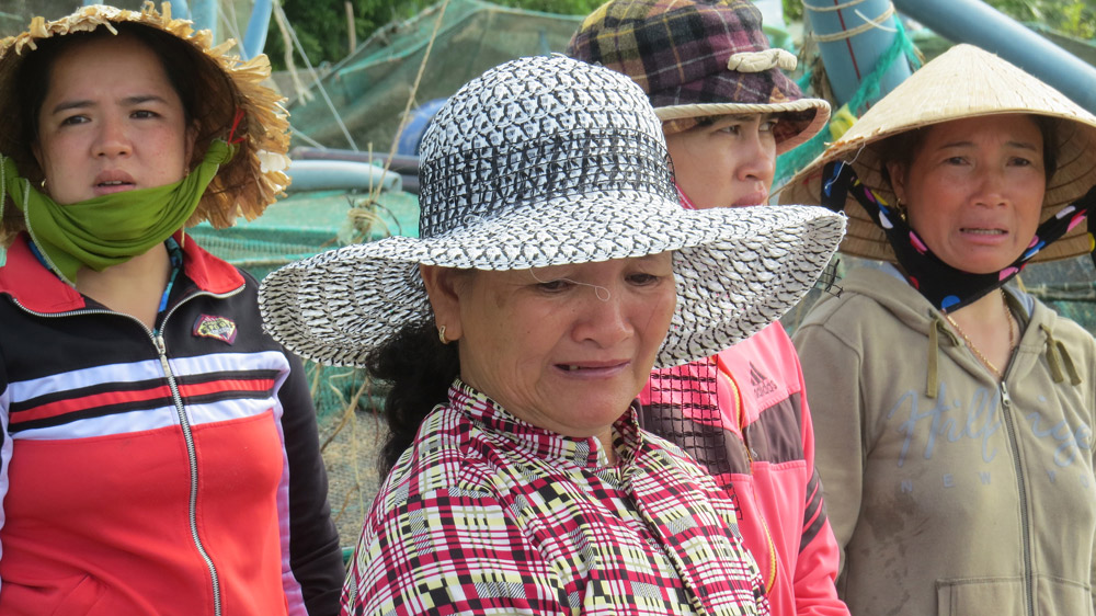 Bà Nguyễn Thụ Lụa, ở xã Xuân Thịnh (TX Sông Cầu) mếu máo khi kể về thiệt hại tiền tỉ tôm hùm.