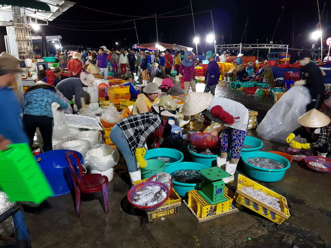 Chợ cá Đông Hải (TP Phan Rang - Tháp Chàm, Ninh Thuận) hối hả họp chợ từ 0h. Sau khi có chỉ thị cấm biển, đây được cho là phiên chợ cuối trước khi bão số 14 (Kirogi) đổ bộ vào các tỉnh Nam Trung bộ. 