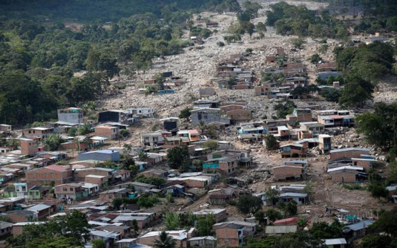 Một khu phố bị phá hủy nghiêm trọng khi bị ngập lụt và lở đất do mưa lớn ở Mocoa, Colombia gây ra đầu tháng 4.