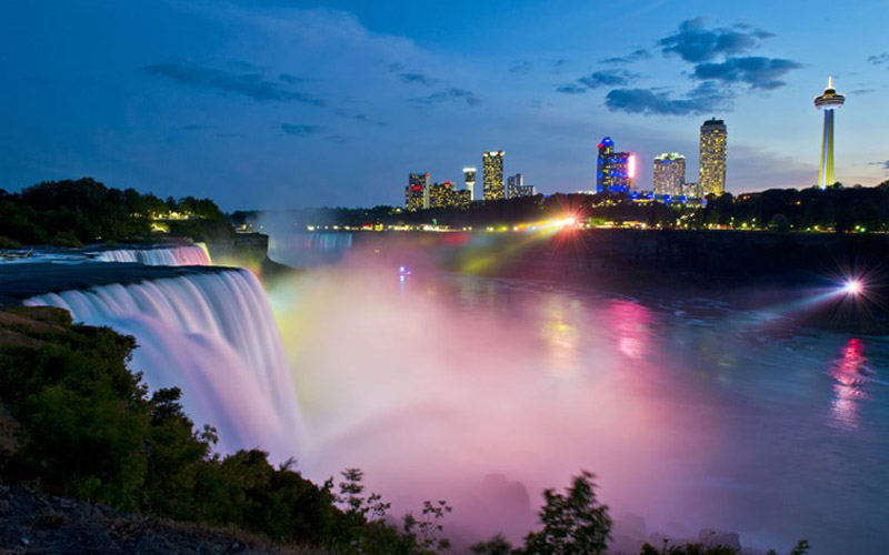 Thác Niagara lừng danh trên biên giới Mỹ-Canada. Khối lượng nước rơi từ độ cao 53 mét xuống là 5700 mét khối/giây.