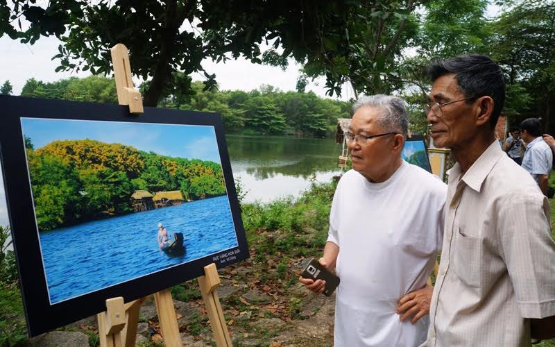 Nhiều người dân tới xem triển lãm ảnh hoa sưa do UBND thành phố Tam Kỳ tổ chức.