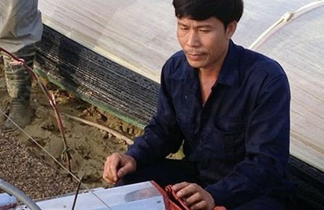 Ông Phạm Văn Hát bên chiếc máy gieo hạt tại một ruộng rau.