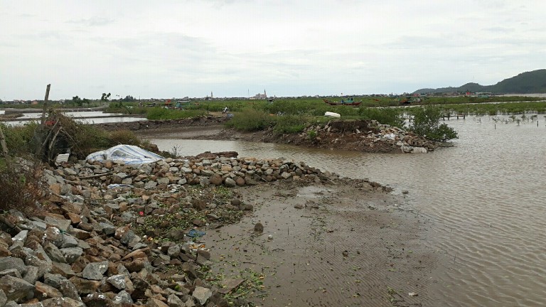 Tuyến đê bao khu vực nuôi trồng thủy hải sản Xuân Hòa, xã Thạch Bằng bị vỡ.