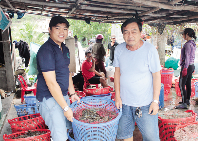 Ông Lê Quang Toàn (bên phải) thu hoạch tôm. Ảnh: CT.