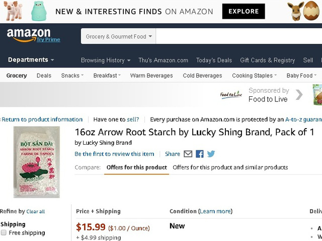 Bột sắn dây được bán giá gần 16 USD/gói 450 gr, chưa kể 5 USD tiền ship trên Amazon.