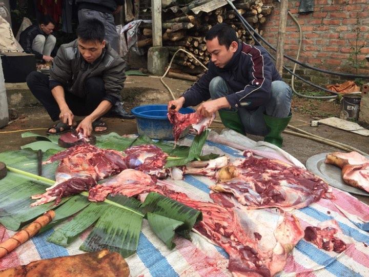 Ngay từ sáng sớm, gia đình Hà Đức Chinh đã mổ trâu, chờ con trai trở về.