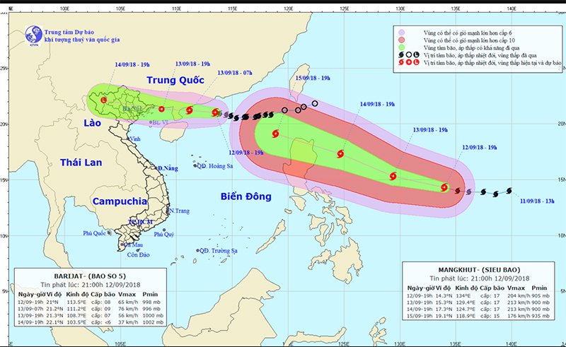 Dự báo đường đi của bão số 5 và siêu bão Mangkhut. Ảnh: NCHMF