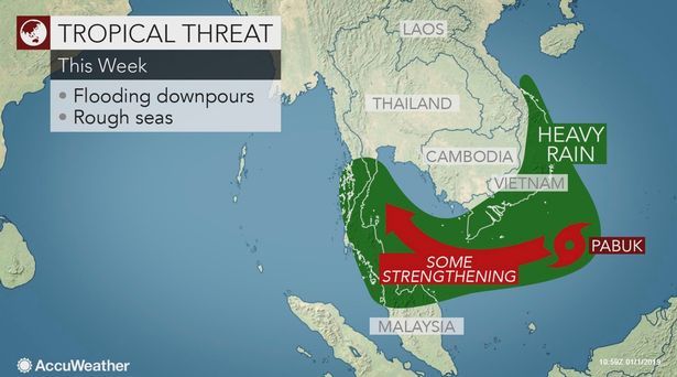 Bản đồ dự báo đường đi và vùng ảnh hưởng của hoàn lưu bão Pabuk (hay bão số 1 tại Việt Nam)