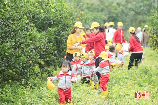Các bé Trường Mầm non 1, TP Hà Tĩnh hào hứng khi tham gia hoạt động trải nghiệm tại nông trại.