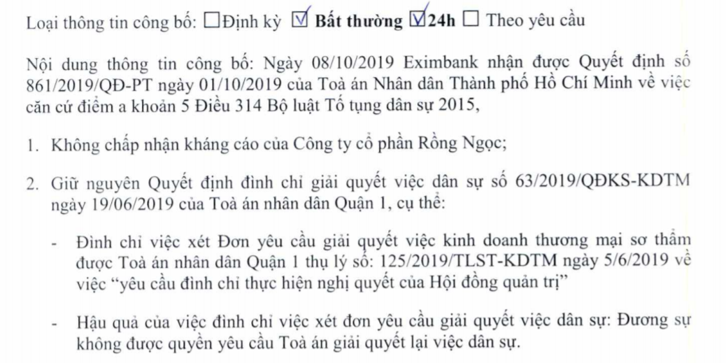 Vụ kiện đòi bãi nhiệm Chủ tịch Eximbank: Tòa án bác kháng cáo của Công ty Rồng Ngọc - Ảnh 1.