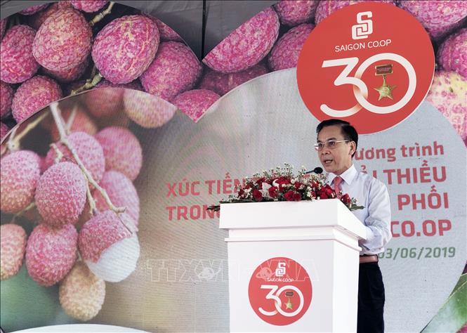 Ông Trần Quang Tấn, Giám đốc Sở Công Thương tỉnh Bắc Giang, giới thiệu về vải thiều Lục Ngạn.