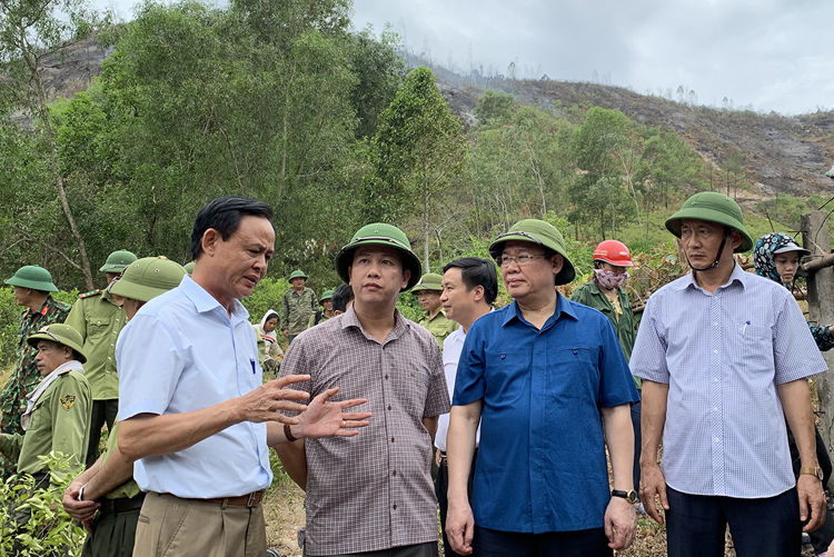 Phó Thủ tướng Vương Đình Huệ nghe lãnh đạo Hà Tĩnh, Bộ Nông nghiệp và Phát triển nông thôn báo cáo tình hình vụ cháy ở huyện Đức Thọ. Ảnh: Thành Chung