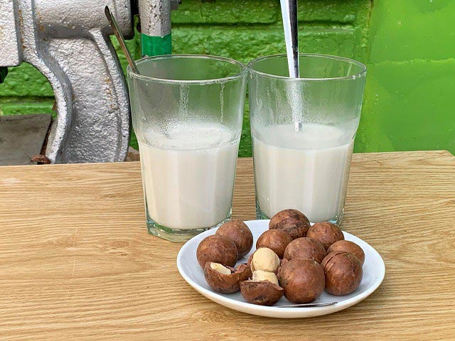 Sữa và hạt mắc ca được sản xuất ngay trong trang trại của ông Trần Vinh.