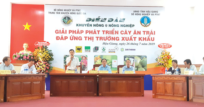 Các chuyên gia và lãnh đạo Trung tâm Khuyến nông quốc gia trả lời câu hỏi của nông dân tại Diễn đàn.
