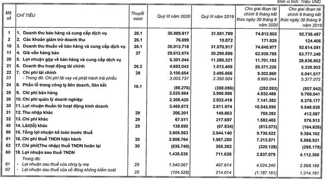 Báo cáo tài chính Vingroup của tỷ phú Phạm Nhật Vượng quý III/2020