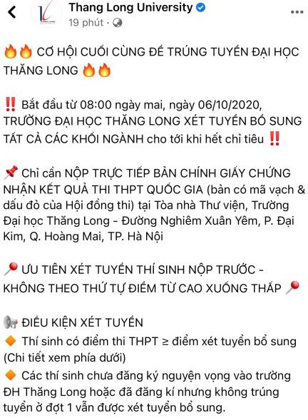 Trường ĐH Thăng Long tuyển sinh bổ sung trái thời gian quy định của Bộ GDĐT - Ảnh 1.