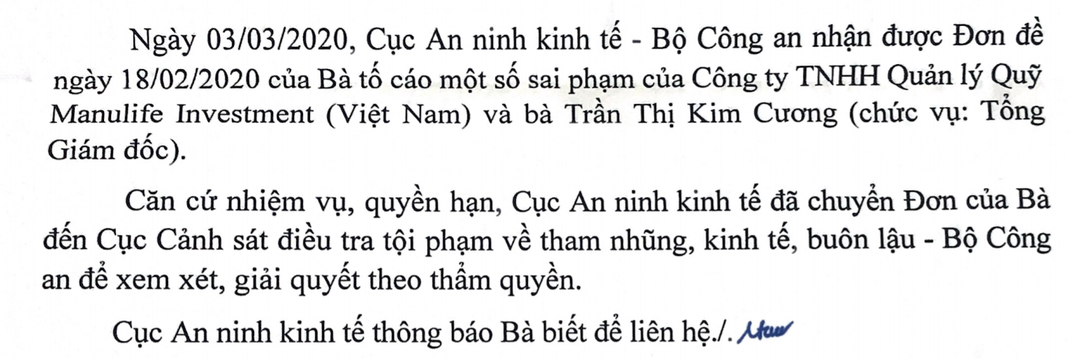 Chuyển đơn tố cáo nghi ngờ TGĐ Quỹ Manulife Investment VN hối lộ chuyên viên UBCK lên Cục Cảnh sát, Bộ Công An - Ảnh 1.