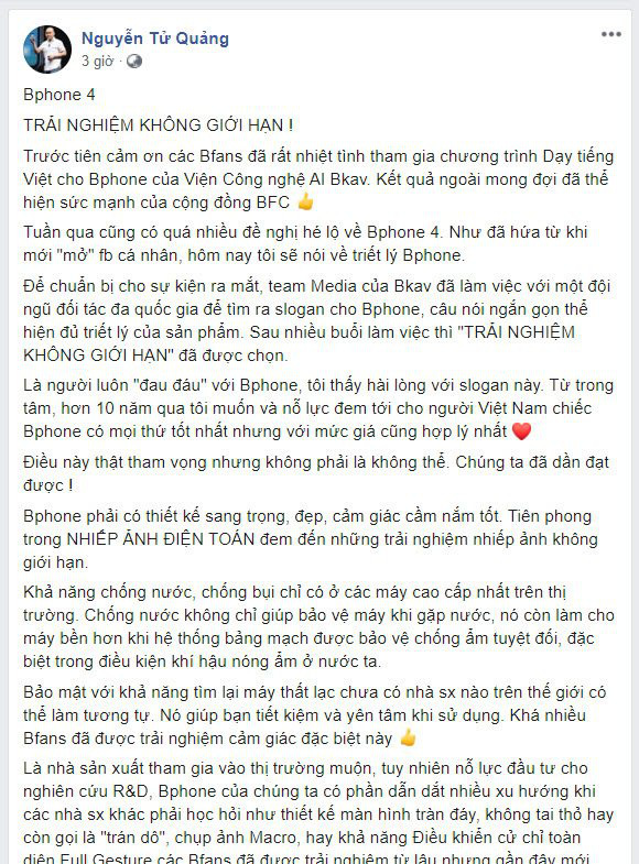 “Đau đáu” với Bphone, CEO Nguyễn Tử Quảng khẳng định Bphone 4 luôn có mọi thứ tốt nhất - Ảnh 1.