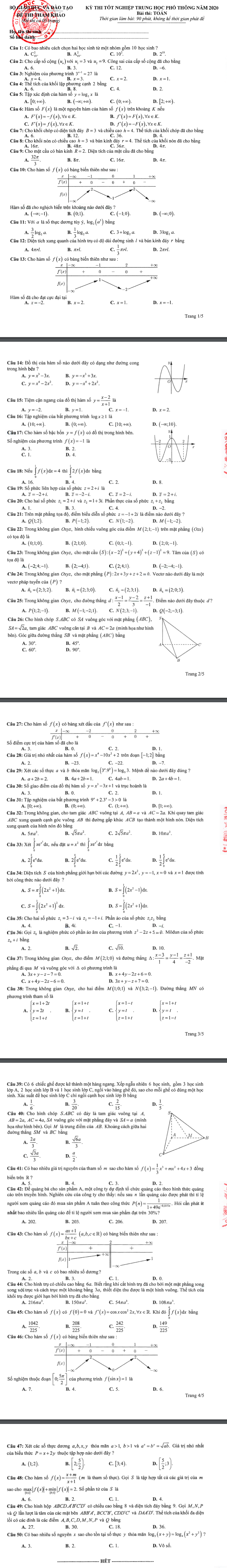 Đáp án đề thi thử môn Toán tốt nghiệp THPT 2020 - Ảnh 1.