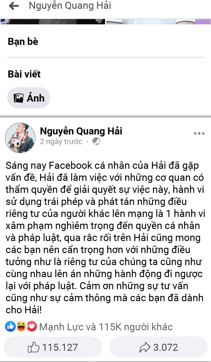 Cục An ninh mạng vào cuộc truy tìm người hack facebook cầu thủ Quang Hải - Ảnh 2.