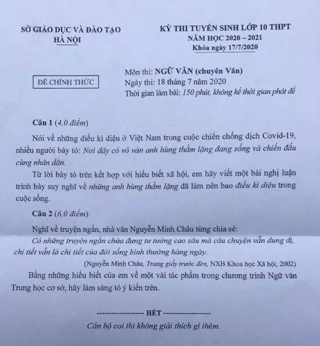 Đề chuyên Ngữ văn thi vào lớp 10 tại Hà Nội: Thời sự nhưng chưa hấp dẫn, dễ có nhiều nhiều điểm 6 - Ảnh 1.