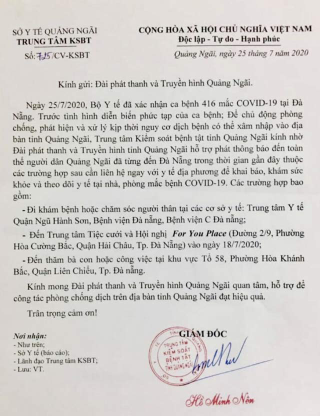 Quảng Ngãi: Đề nghị người dân đến một số địa điểm ở Đà Nẵng khai báo y tế  - Ảnh 2.