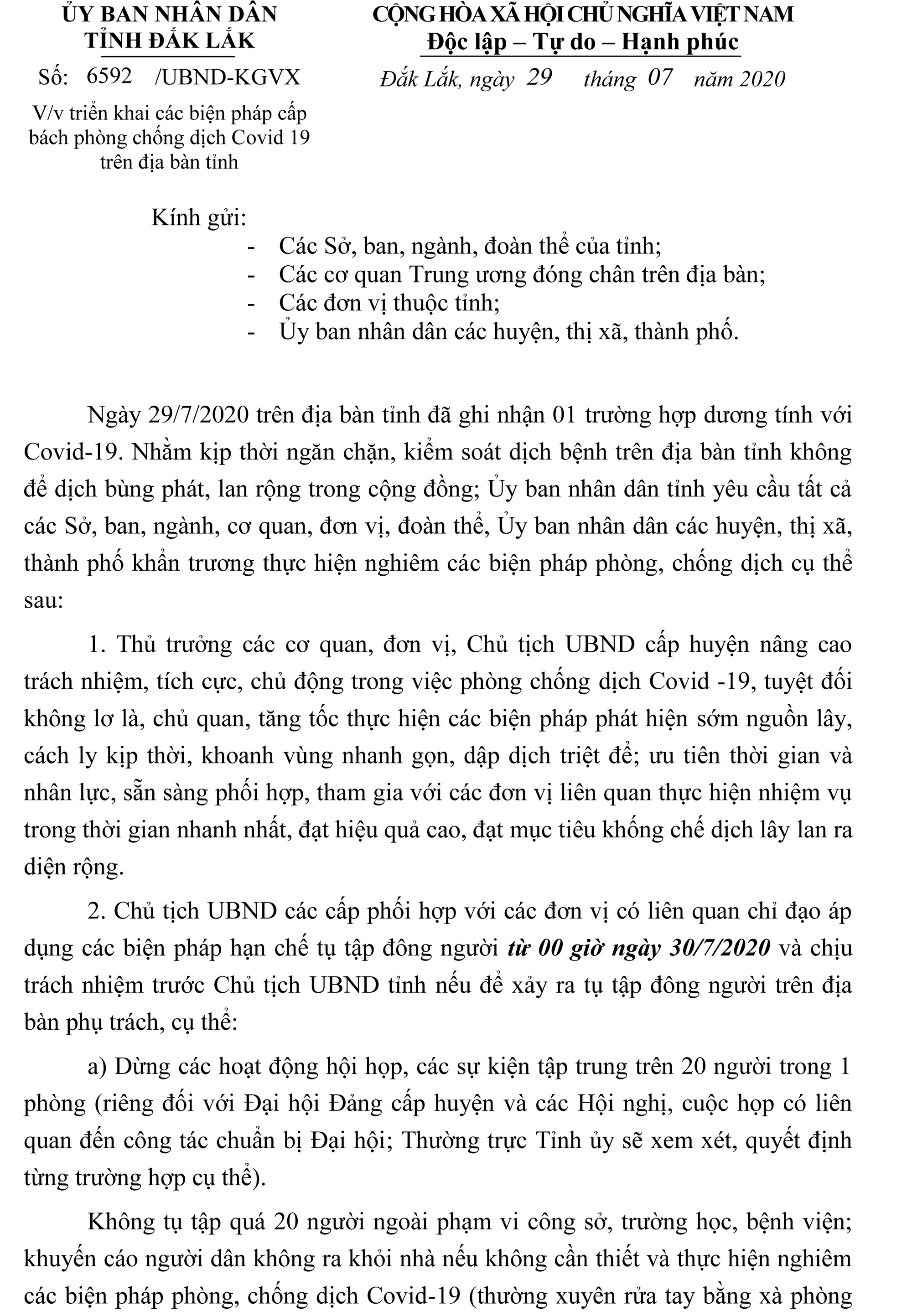 Đắk Lắk yêu cầu cấm tụ tập đông người kể từ ngày 30/7 để phòng chống dịch Covid-19 - Ảnh 3.