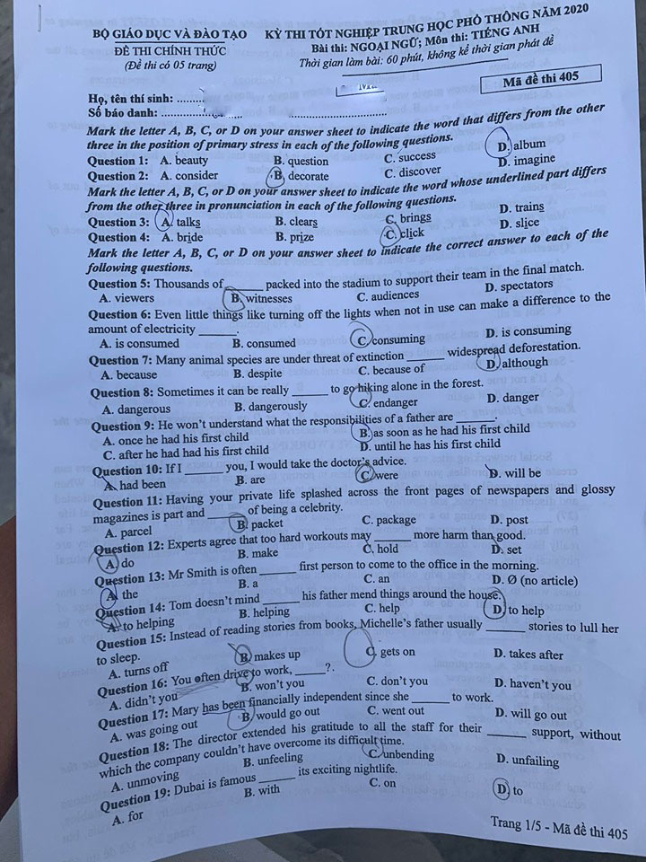 Đề thi Tiếng Anh tốt nghiệp THPT Quốc gia 2020 – Mã đề 405 - Ảnh 1.