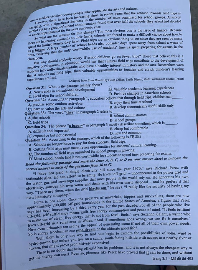 Đề thi Tiếng Anh tốt nghiệp THPT Quốc gia 2020 – Mã đề 405 - Ảnh 3.