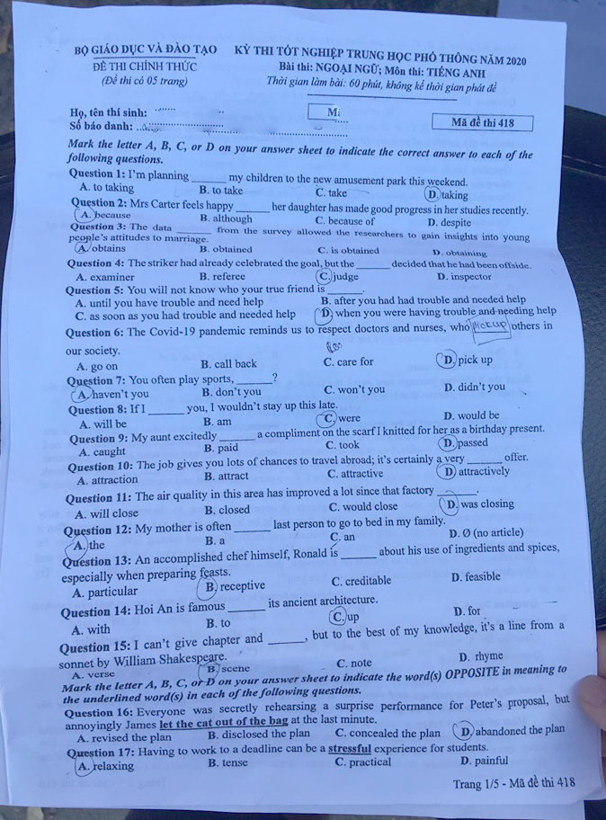 Đề thi Tiếng Anh tốt nghiệp THPT Quốc gia 2020 – Mã đề 418 - Ảnh 1.