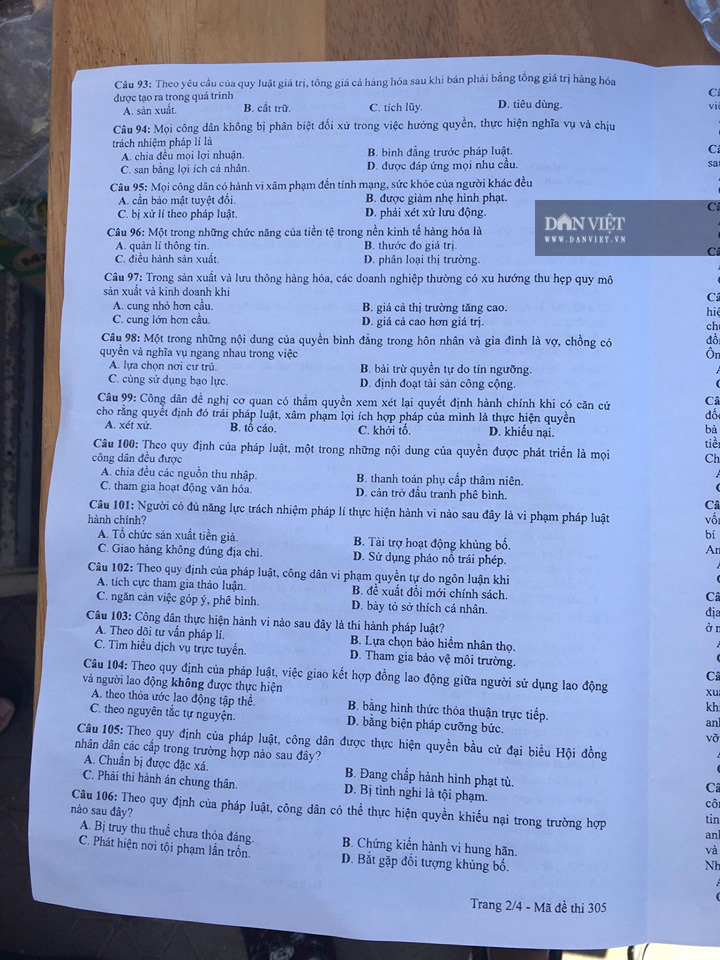 Đề thi môn Giáo dục công dân tốt nghiệp THPT quốc gia 2020 – Mã đề 305 - Ảnh 2.