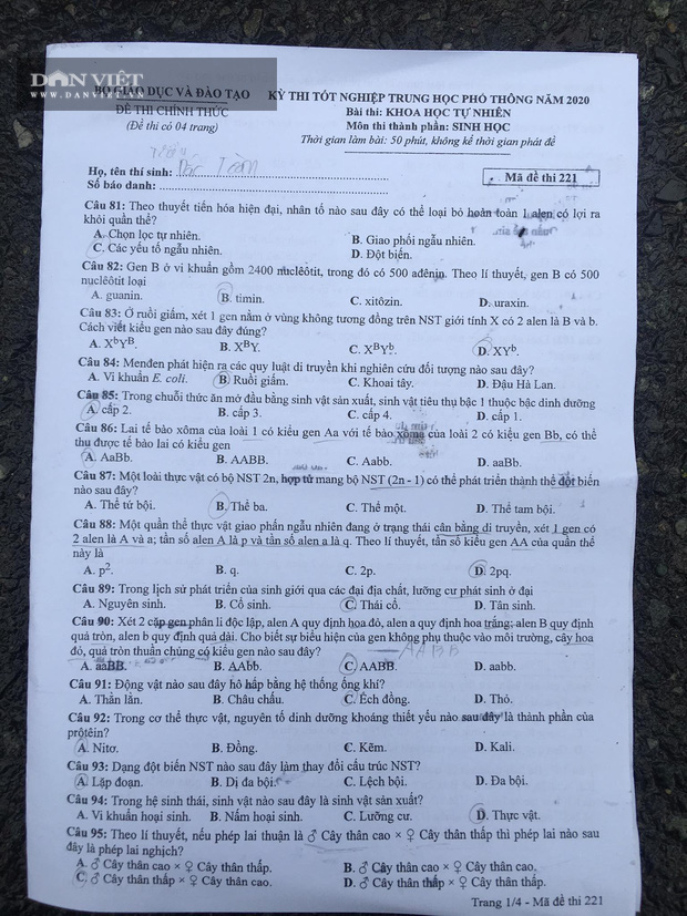 Đề thi Sinh học tốt nghiệp THPT quốc gia 2020 – Mã đề 221 - Ảnh 1.