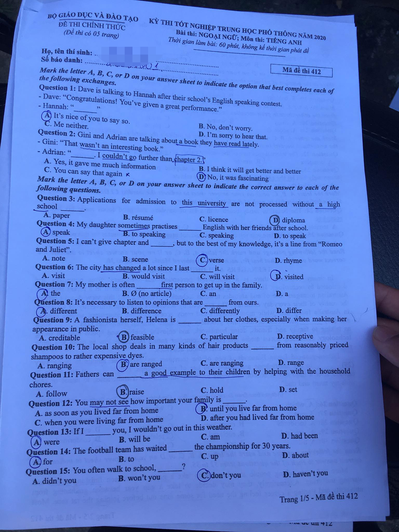 Đề thi Tiếng Anh tốt nghiệp THPT Quốc gia 2020 – Mã đề 412 - Ảnh 1.