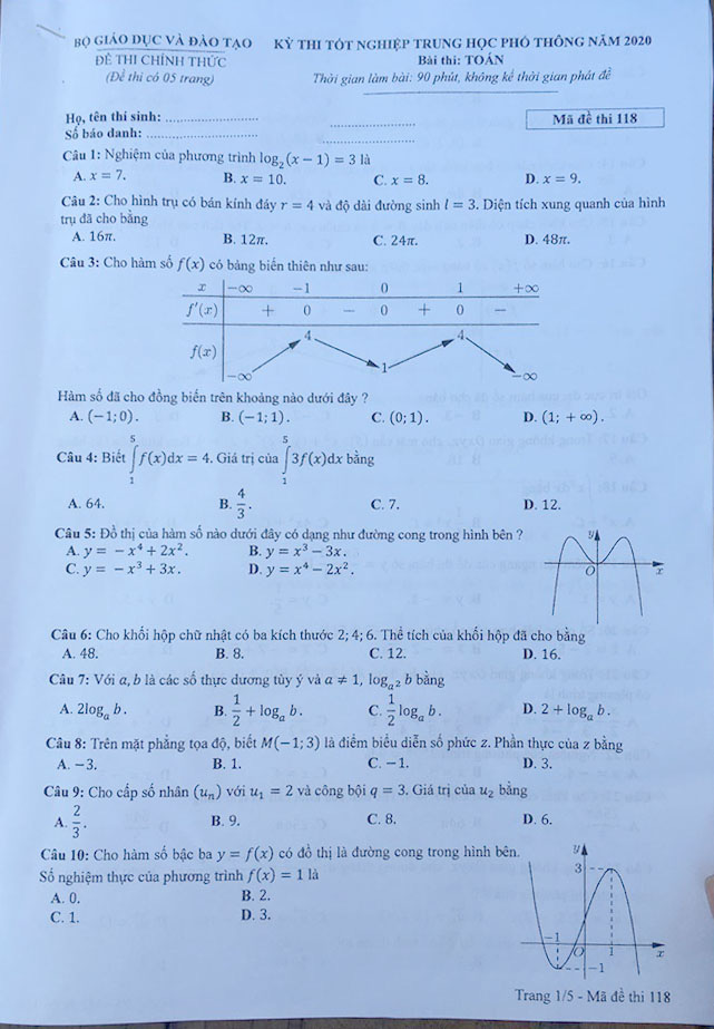Đáp án đề thi Toán THPT Quốc gia 2020 chi tiết nhất - mã đề 118 - Ảnh 1.