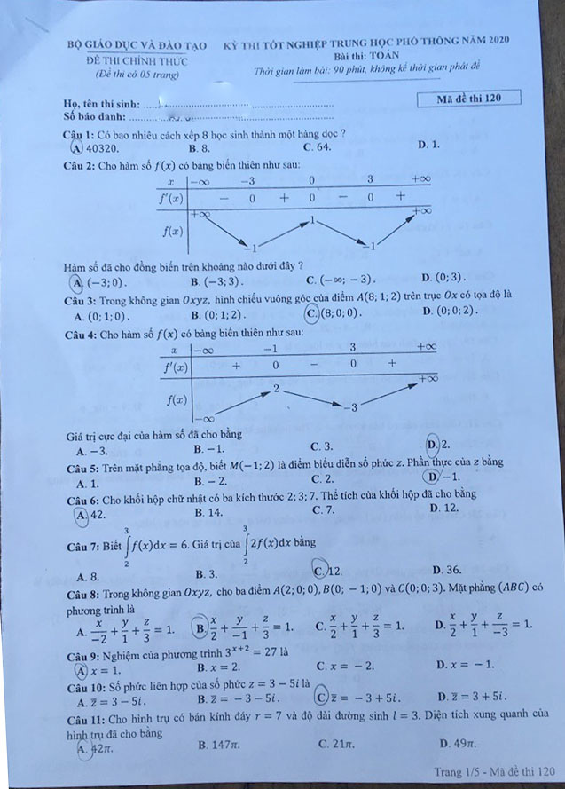 Đề thi Toán THPT Quốc gia 2020 chính thức - Mã đề 120  - Ảnh 1.