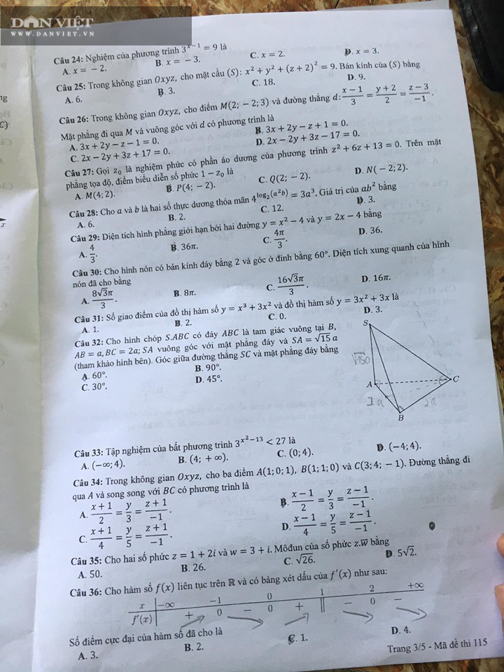 Đề thi Toán THPT quốc gia 2020 chính thức - Mã đề 115  - Ảnh 3.