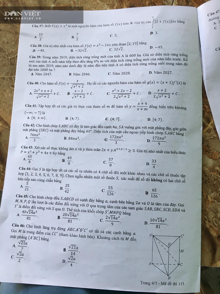 Đề thi Toán THPT quốc gia 2020 chính thức - Mã đề 115  - Ảnh 4.