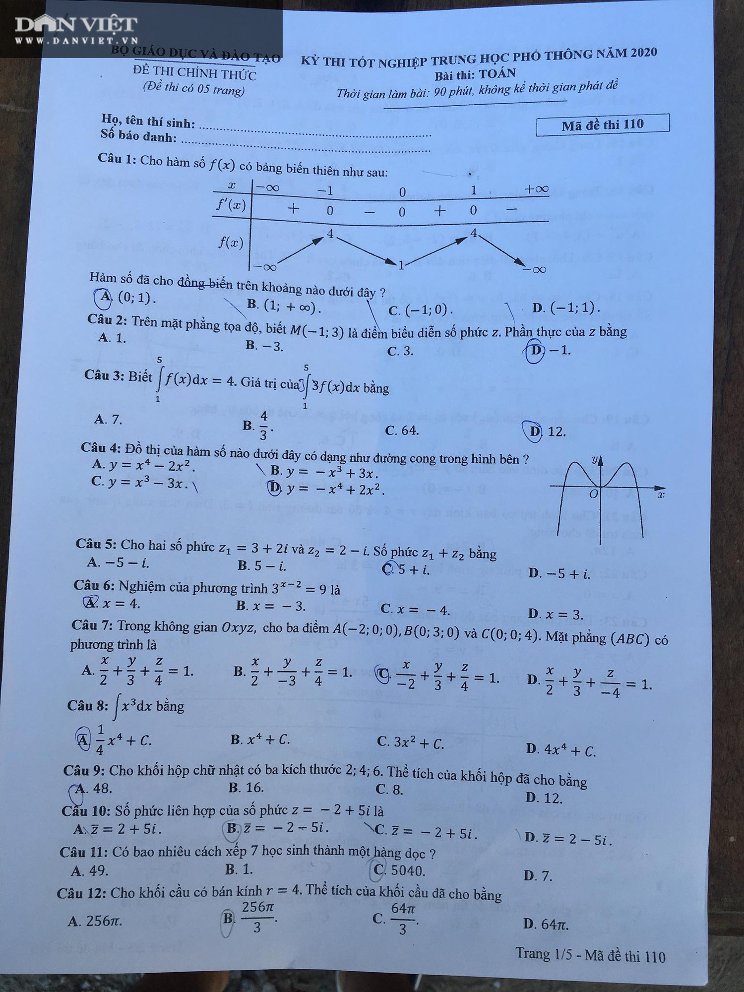 Đề thi Toán THPT quốc gia 2020 chính thức - Mã đề 110 - Ảnh 1.