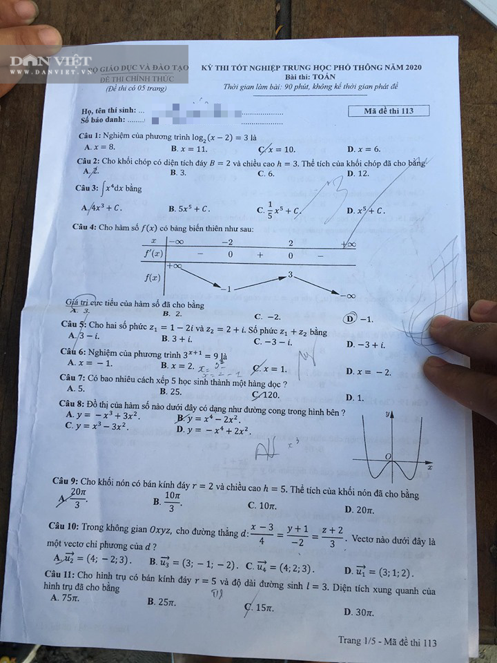 Đề thi Toán THPT quốc gia 2020 chính thức - Mã đề 113 - Ảnh 1.