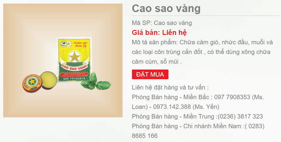 Cao Sao Vàng được giới thiệu trên  website của CTCP Dược phẩm Trung ương 3