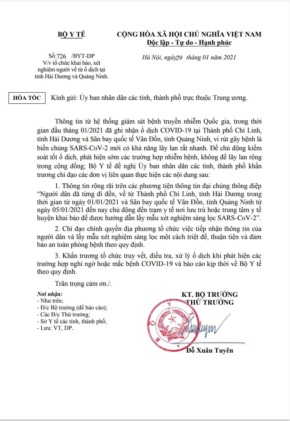 Khẩn: Khai báo, xét nghiệm người về từ ổ dịch Covid-19 Hải Dương, Quảng Ninh - Ảnh 1.