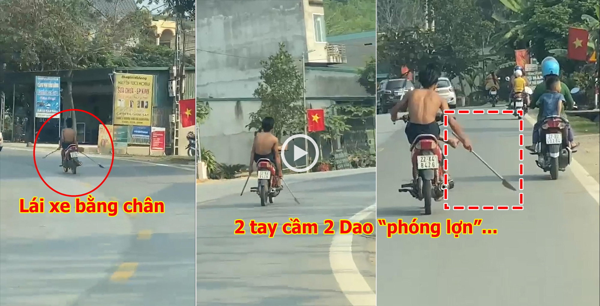 Clip: Nam thanh niên 2 tay cầm  2 dao “phóng lợn”, lái xe máy bằng chân chạy dọc đường quốc lộ - Ảnh 2.