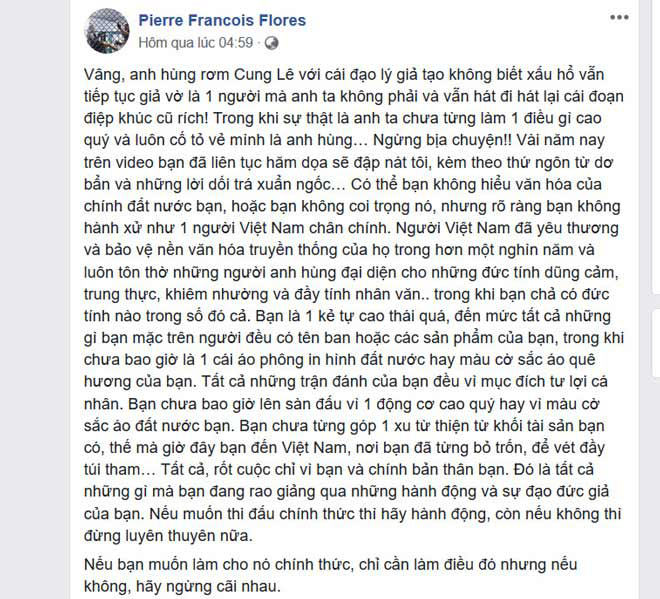 Võ sư Flores chửi Cung Lê là... &quot;anh hùng rơm&quot;, &quot;kẻ đạo đức giả&quot; - Ảnh 2.