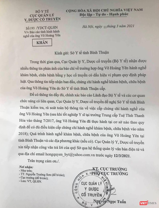 Bộ Y tế yêu cầu kiểm tra, rà soát quá trình khám chữa bệnh của ông Võ Hoàng Yên - Ảnh 1.