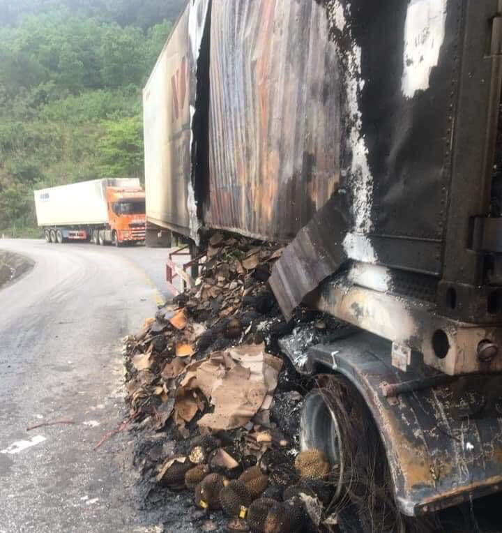 Quảng Bình: Xe Container chở hàng tấn sầu riêng bốc cháy trên quốc lộ 12A - Ảnh 2.