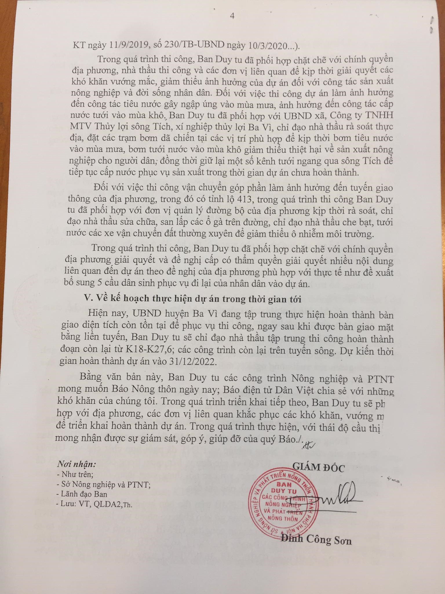 Chủ đầu tư báo cáo Báo điện tử Dân Việt sau loạt bài dự án sông Tích: Đến 31/12/2022 sẽ hoàn thành? (Bài 8) - Ảnh 4.