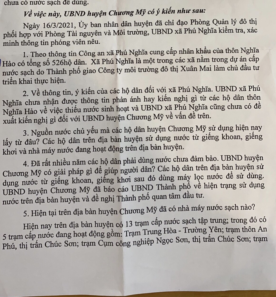 Huyện Chương Mỹ phản hồi Báo điện tử Dân Việt sau loạt bài “Được công nhận NTM, 10 năm không có nước sạch để dùng” - Ảnh 2.